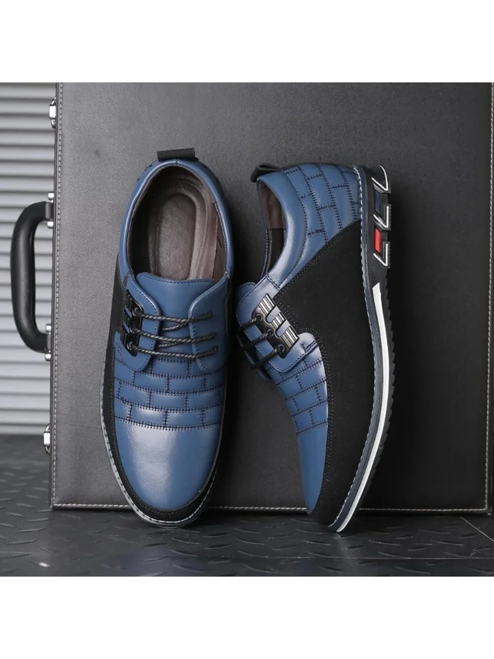 Men's Blue Plaid Grid Lace-up Leather Business Orthopedic Oxford Derby Shoes
